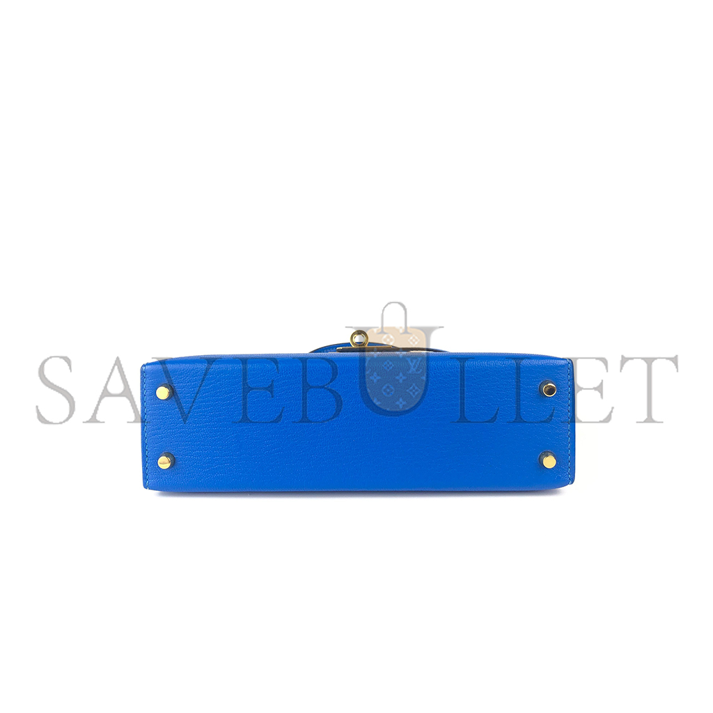 HERMÈS MINI KELLY II BLUE HYDRA CHÈVRE LEATHER GOLD HARDWARE (19*12*5.5cm)